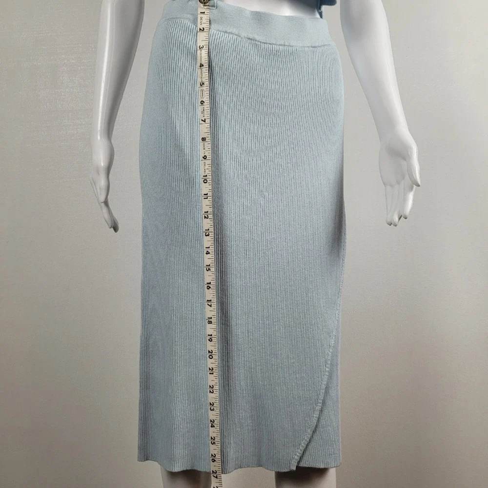 JustFab Ribbed Knit Skirt Set Womens Light Blue Excellent Wrap Crop Top - Large